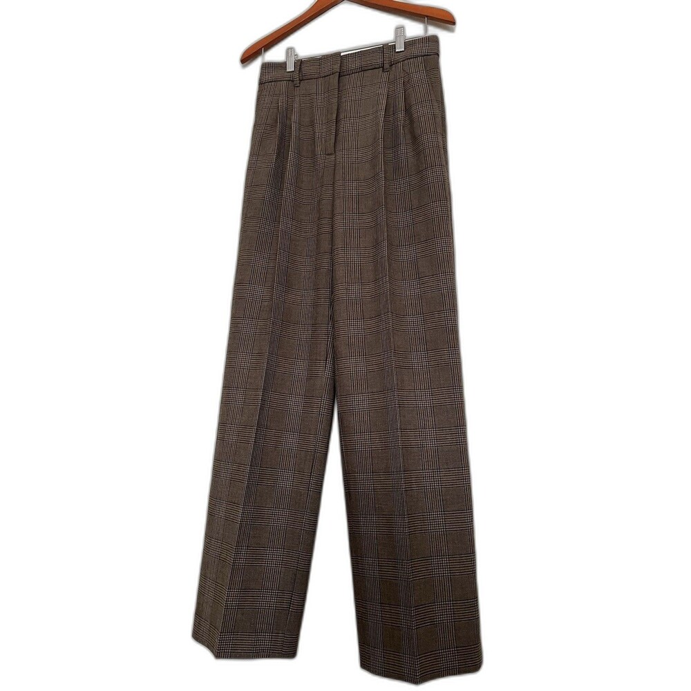 Aritzia Effortless Pant Plaid Brown Wide-Leg High Rise Pleated Pockets Size 6 T